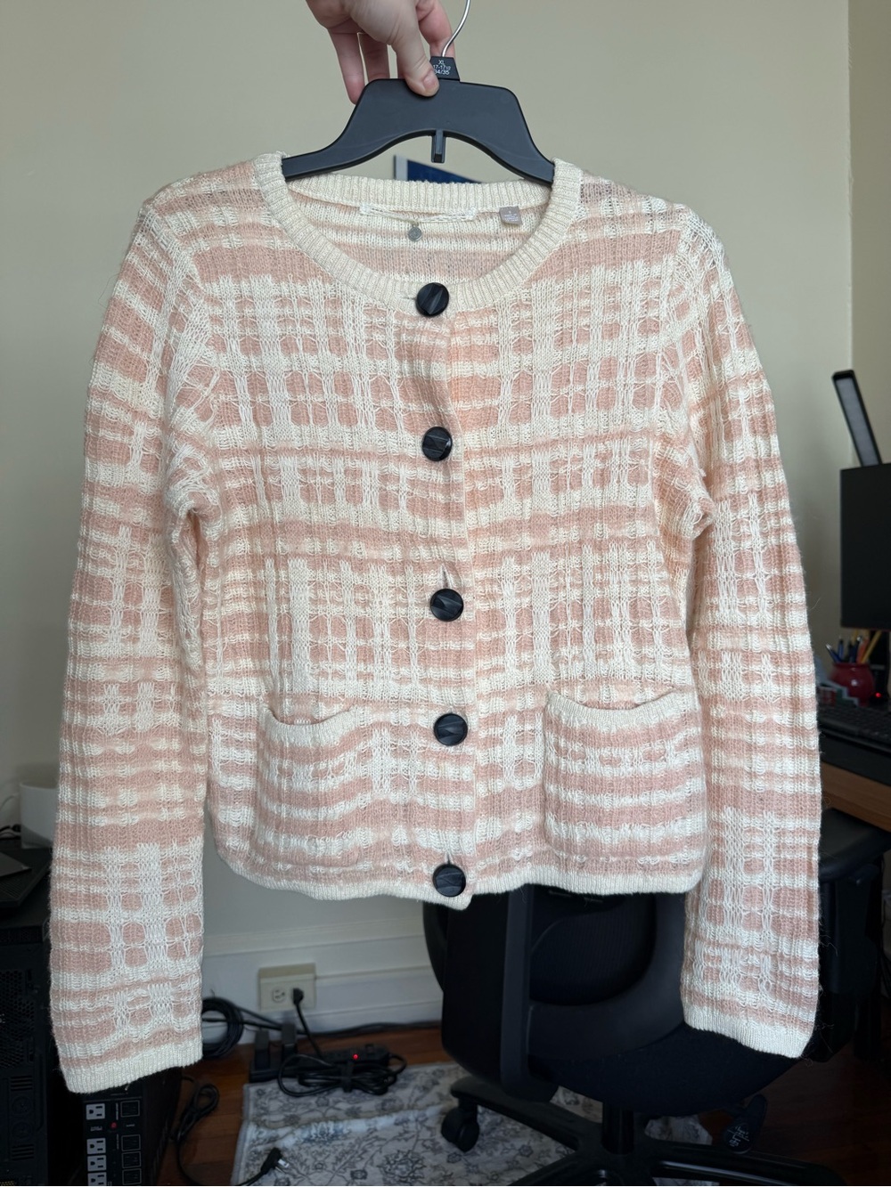 Anthropologie Knitted & Knotted peach & cream cardigan / small / plaid